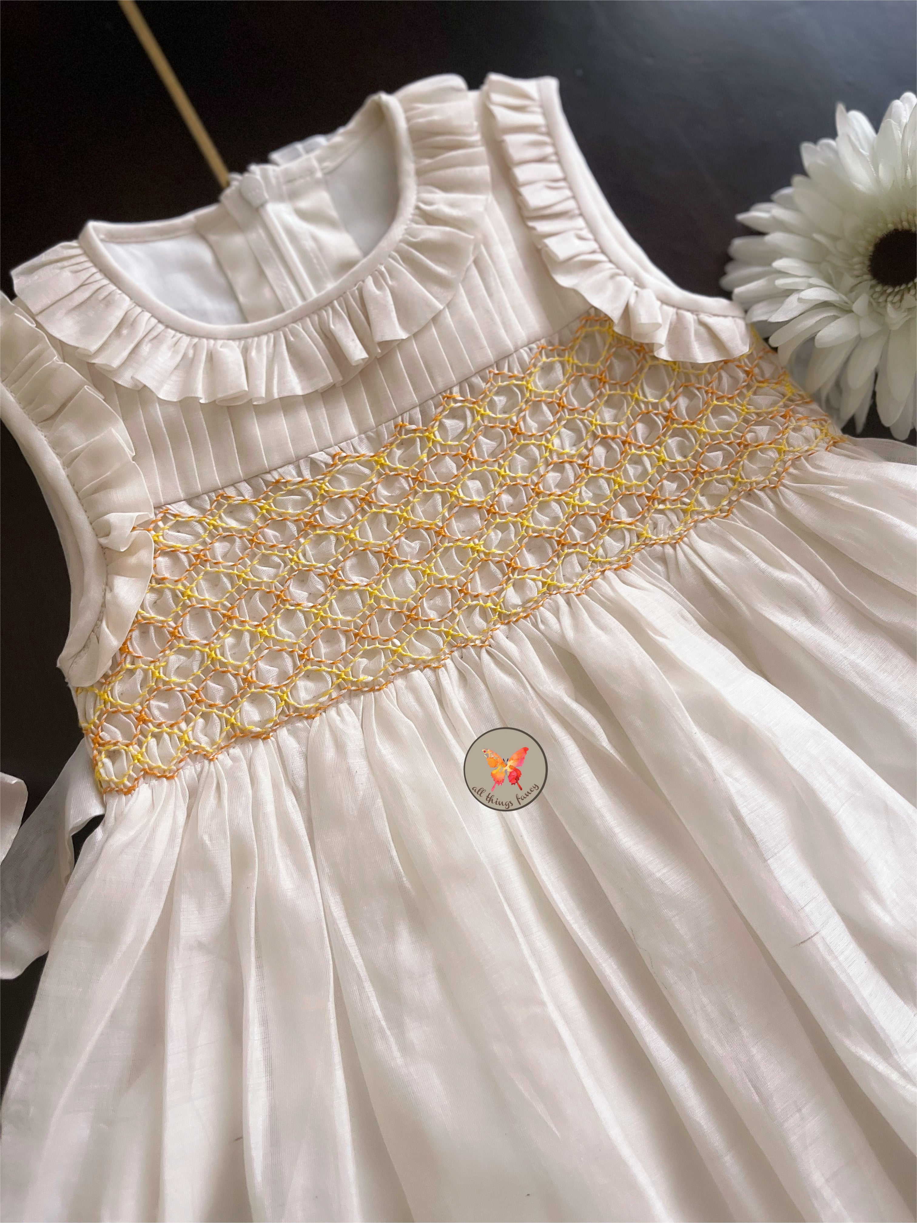 Ivory Handsmocked Honeycomb Dress