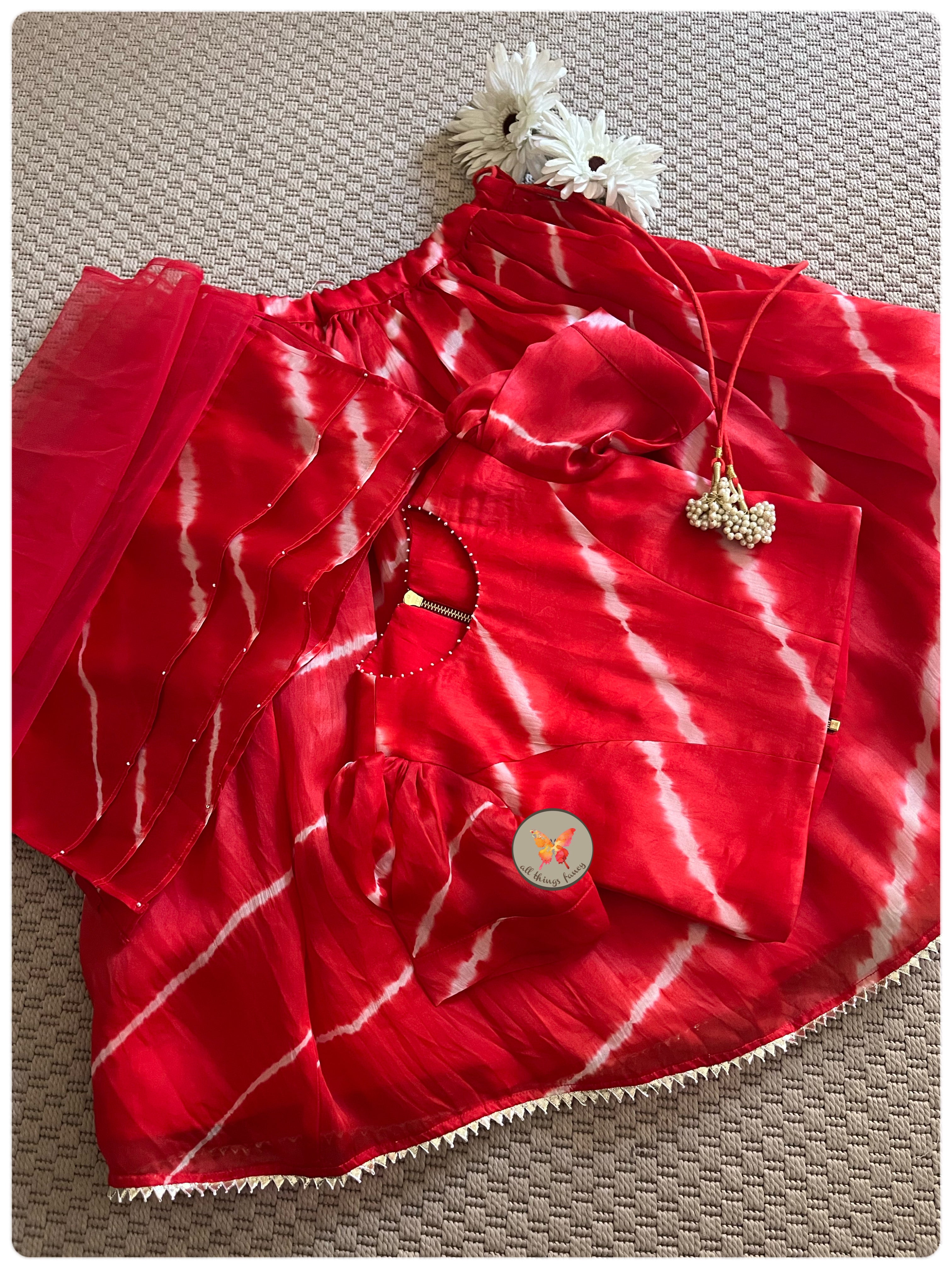 Satiny Lehariya Lehenga Set - Red