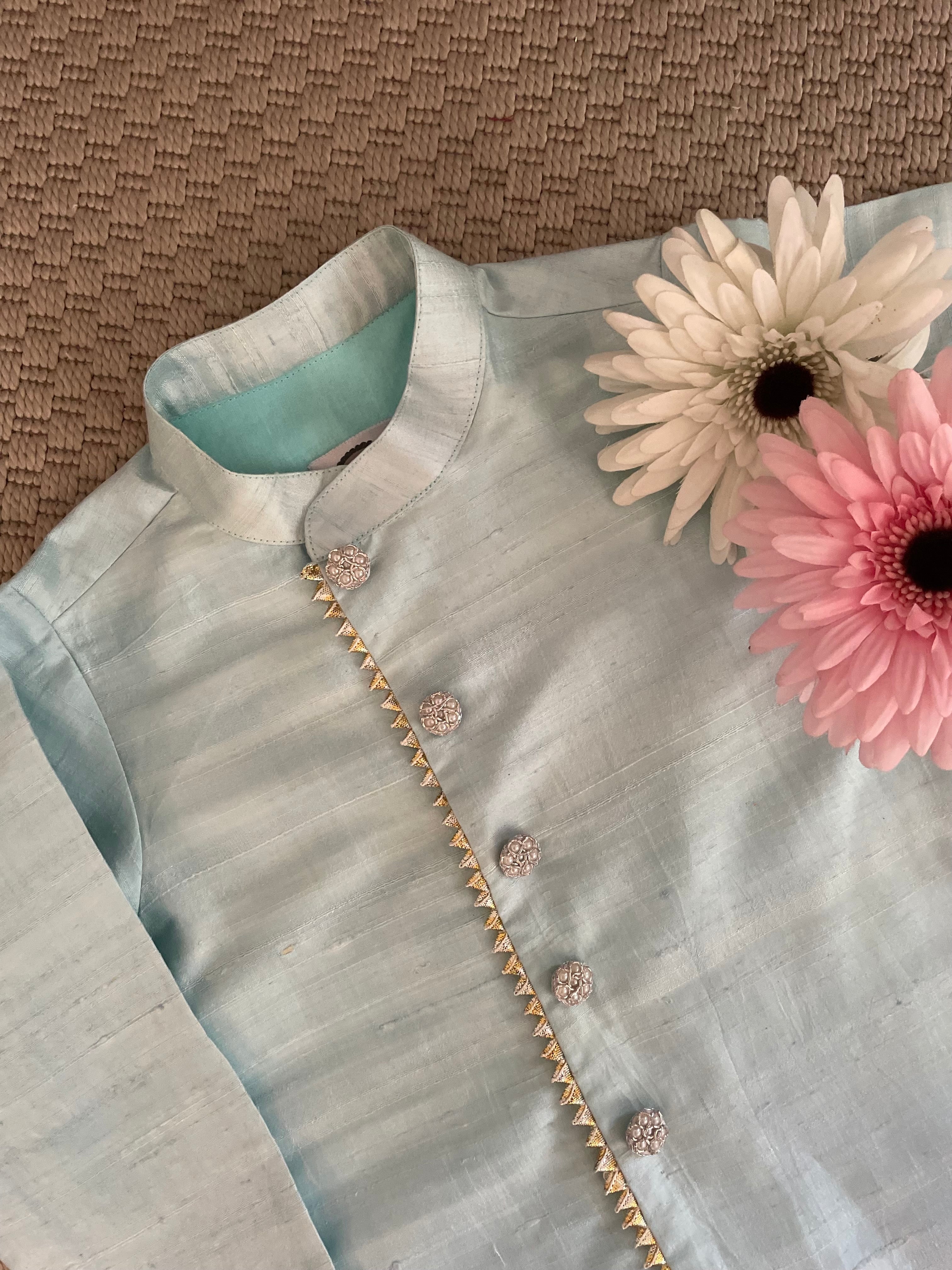 Side Placket Kurta Dhoti Set- Sky