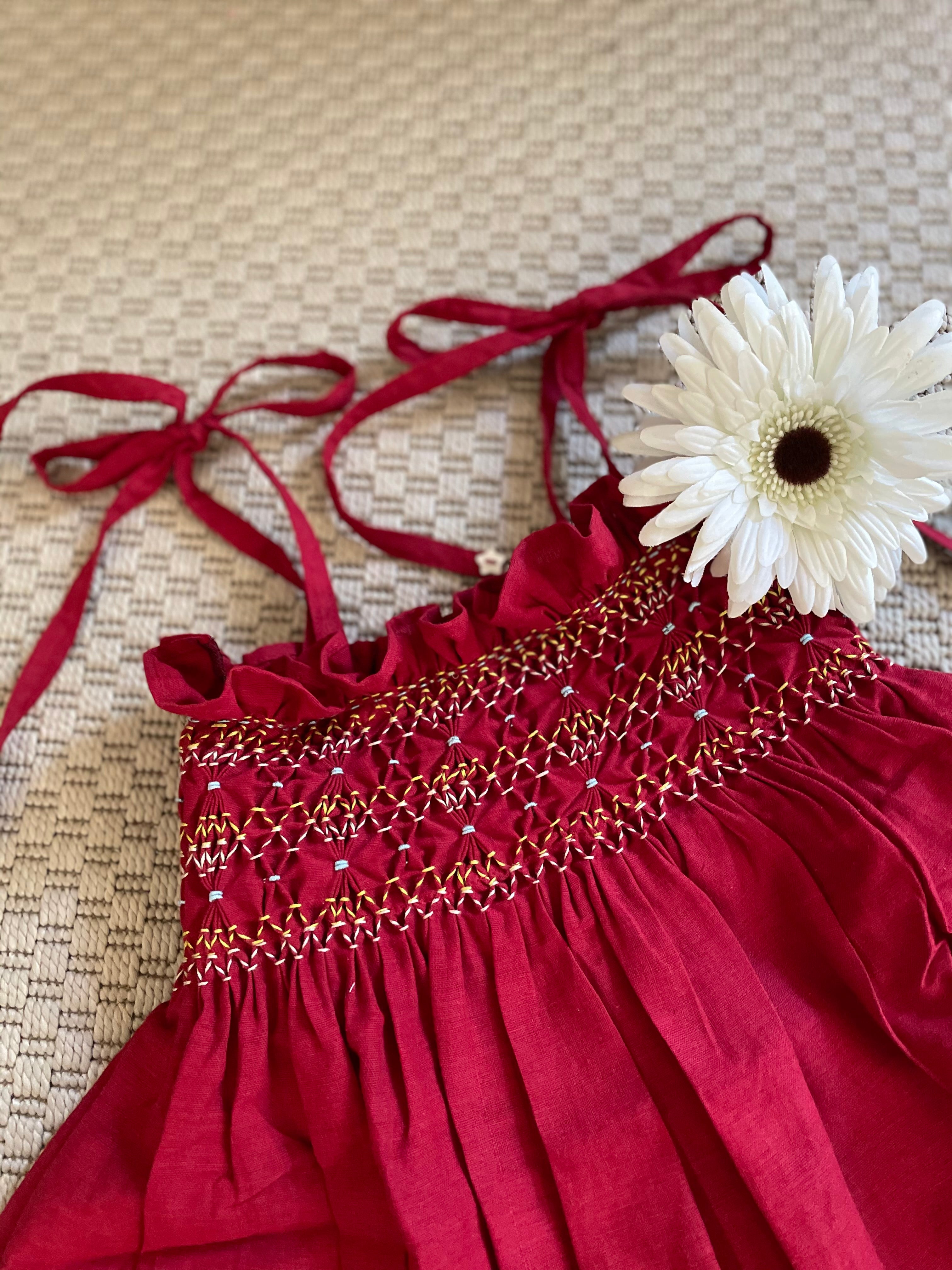 Red Noodle Strap Smocked Dress
