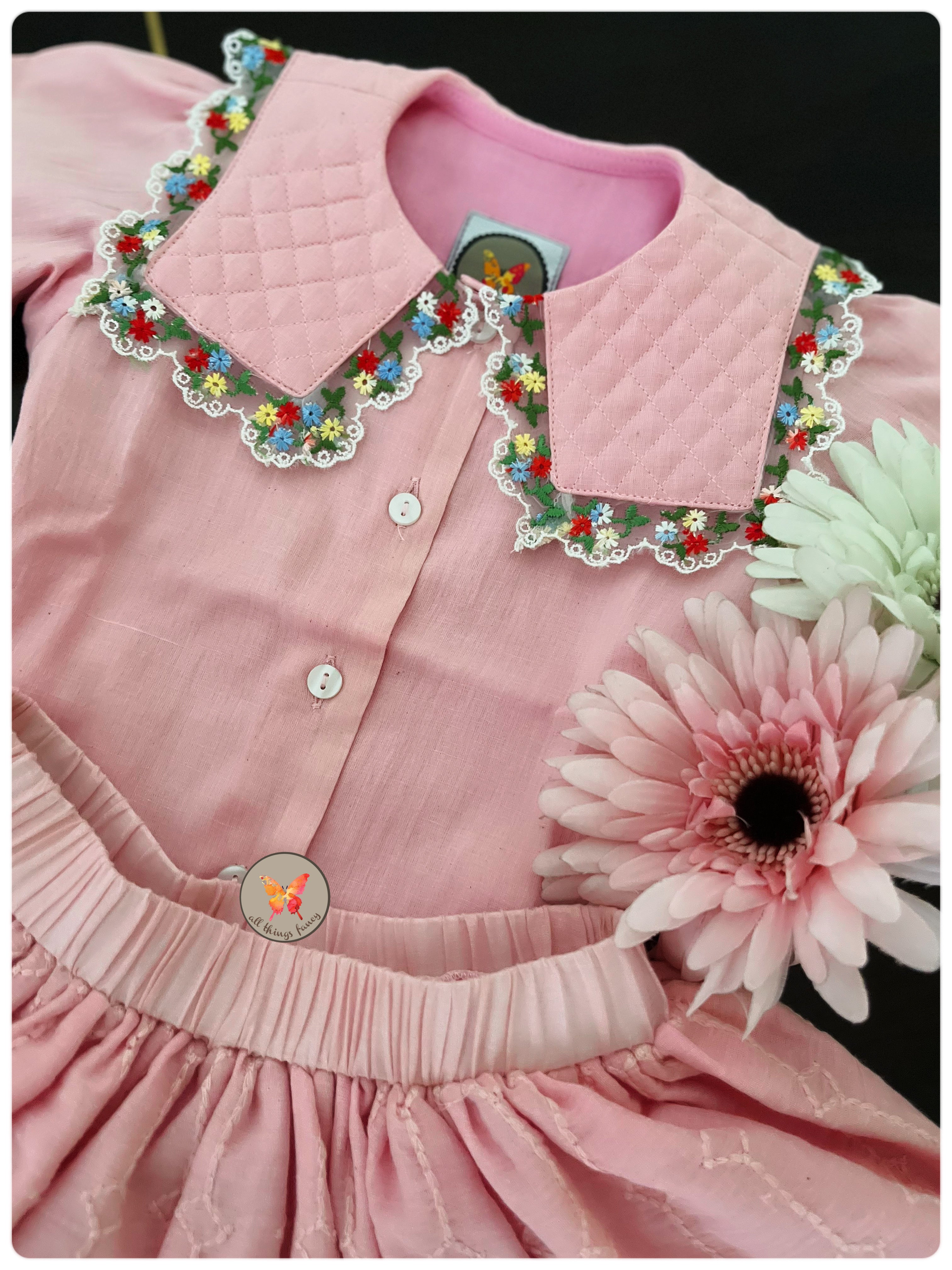 The Collared Blouse-Skirt Set- Pink
