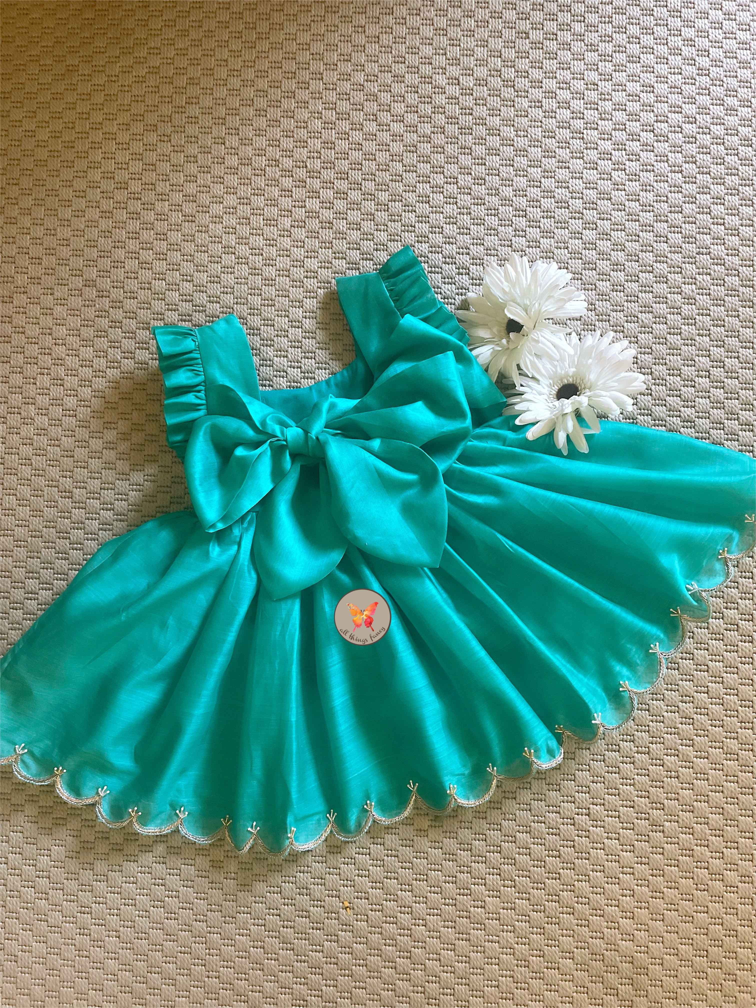 Teal Bunny Tie Embroidered Hem Dress