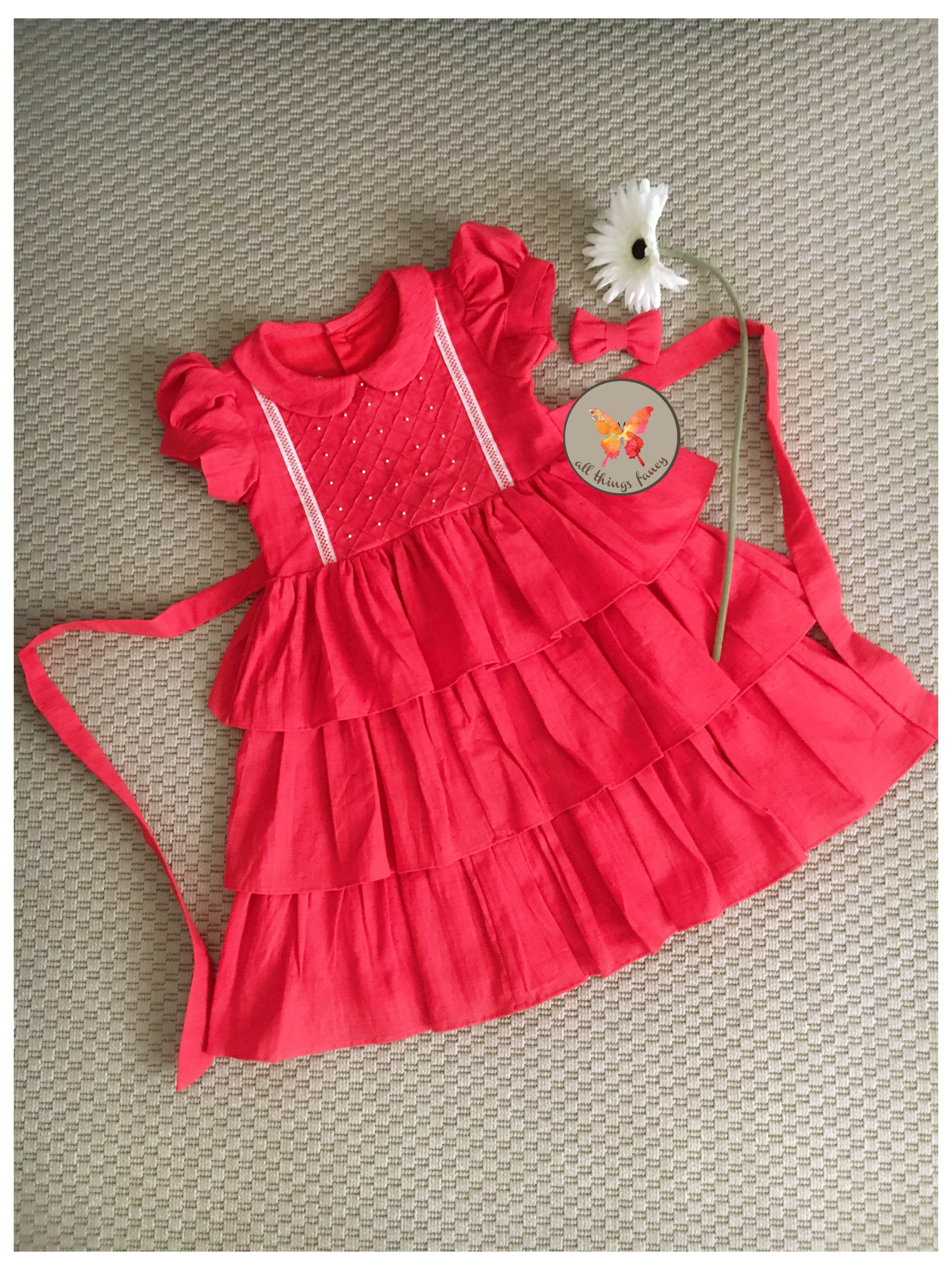 Tiered Pearl Yoke Dress- Watermelon