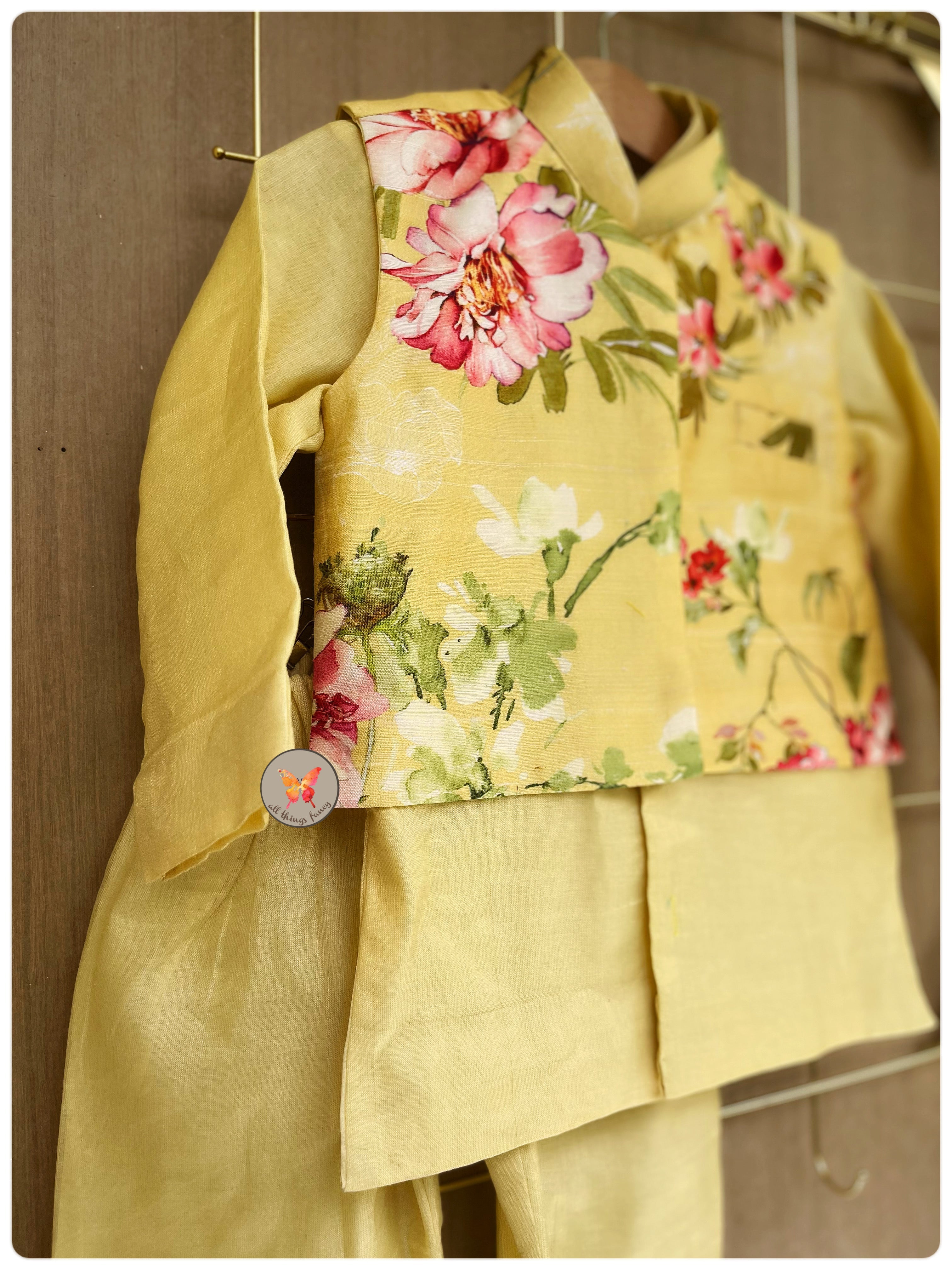 Vintage Floral Kurta Set - Custard Yellow
