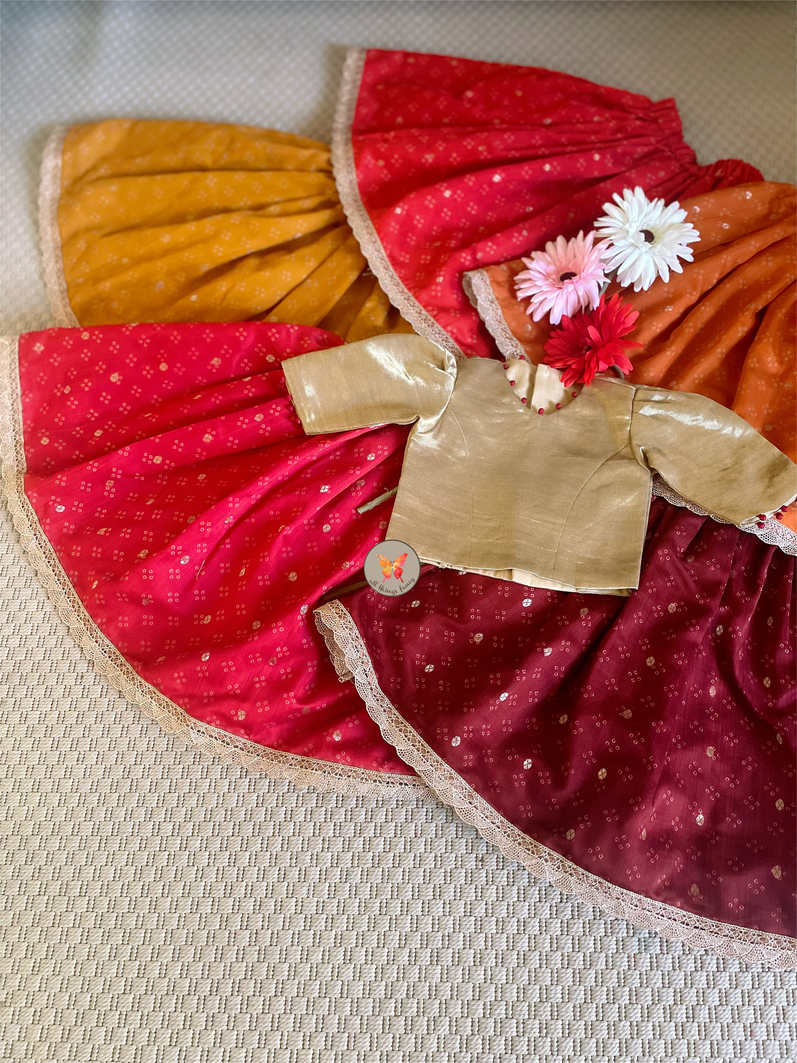 Woven Zari Bandhani Lehenga Set- Coke
