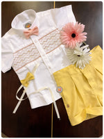 Load image into Gallery viewer, Handsmocked Shirt - Yellow Shorts
