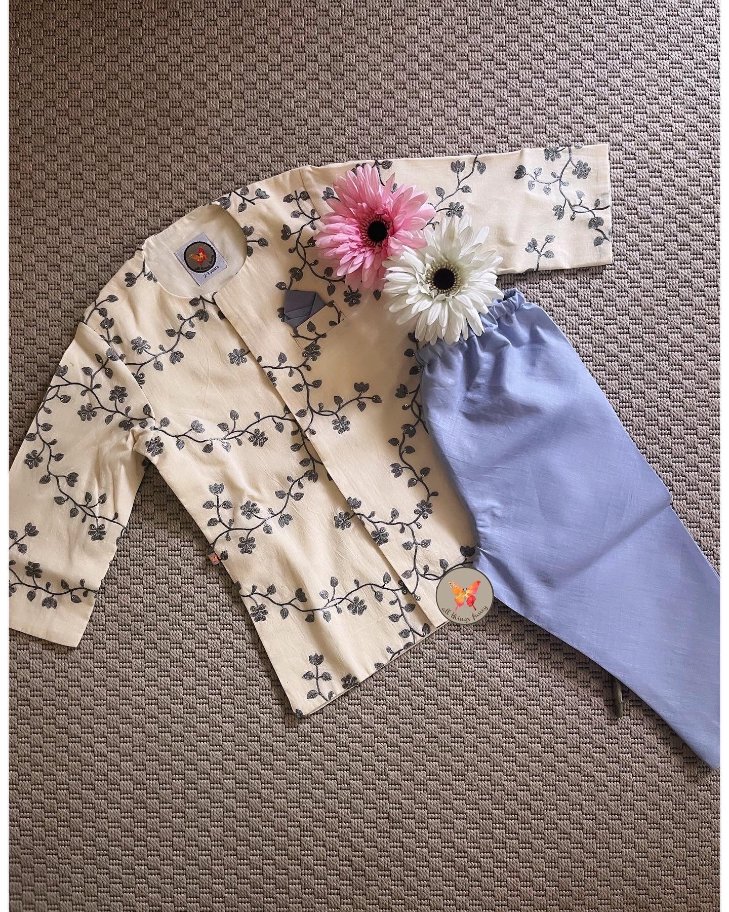 Mul Mul Embroidered Kurta Set - Grey