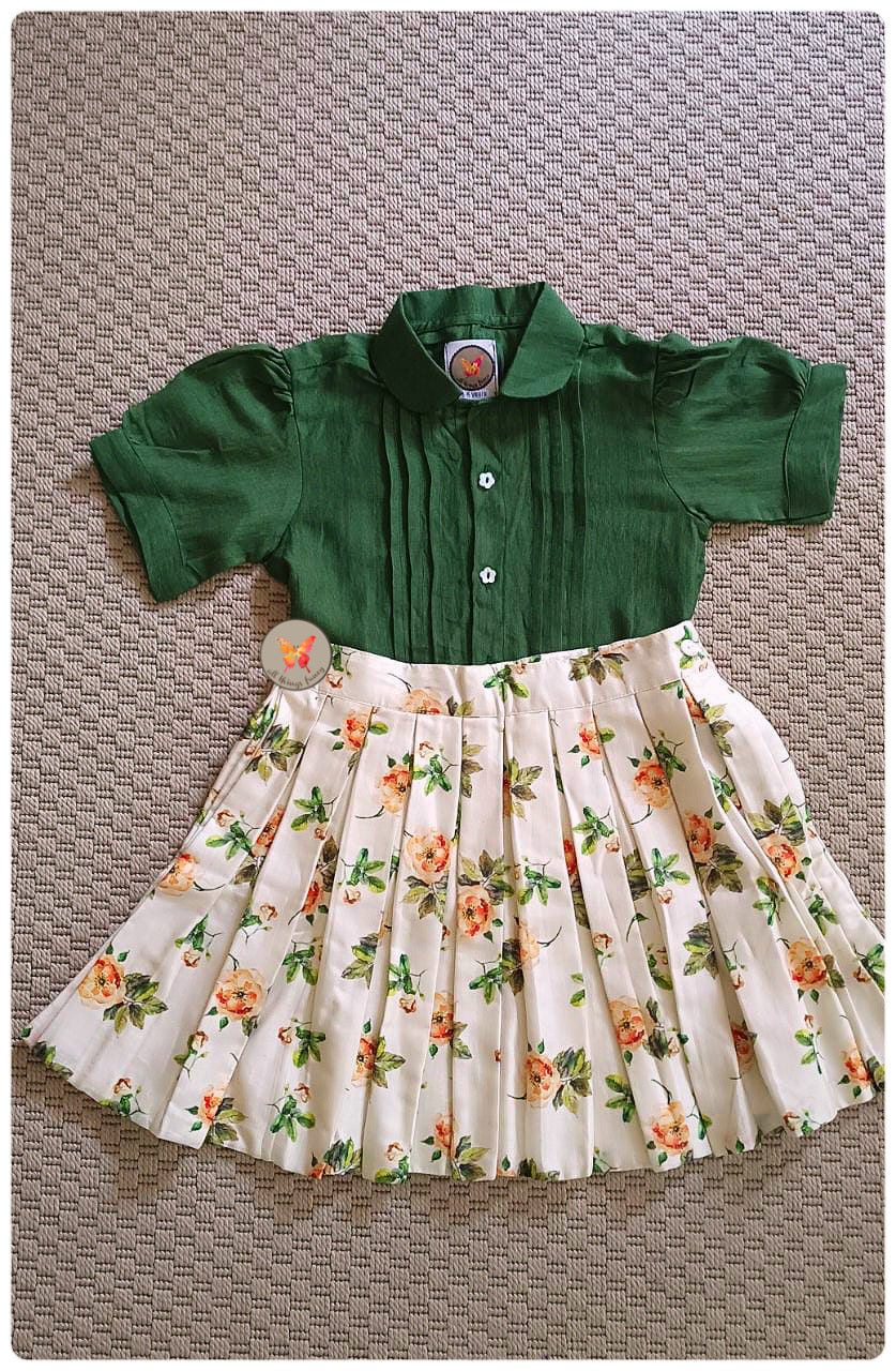 Printed Floral Skirt with Deep Green Blouse
