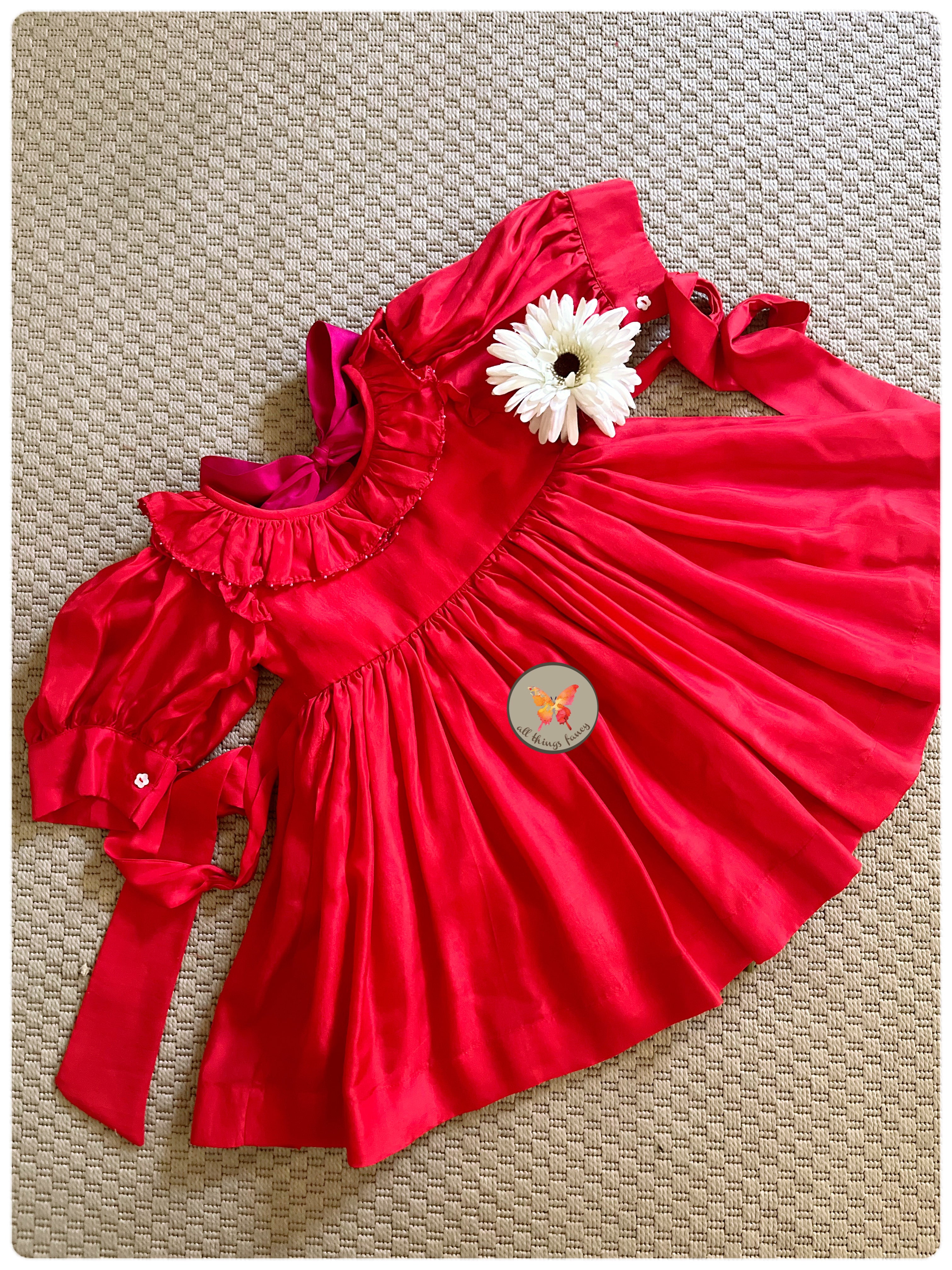 Red-Pink Habutai Silk Ruffled Dress