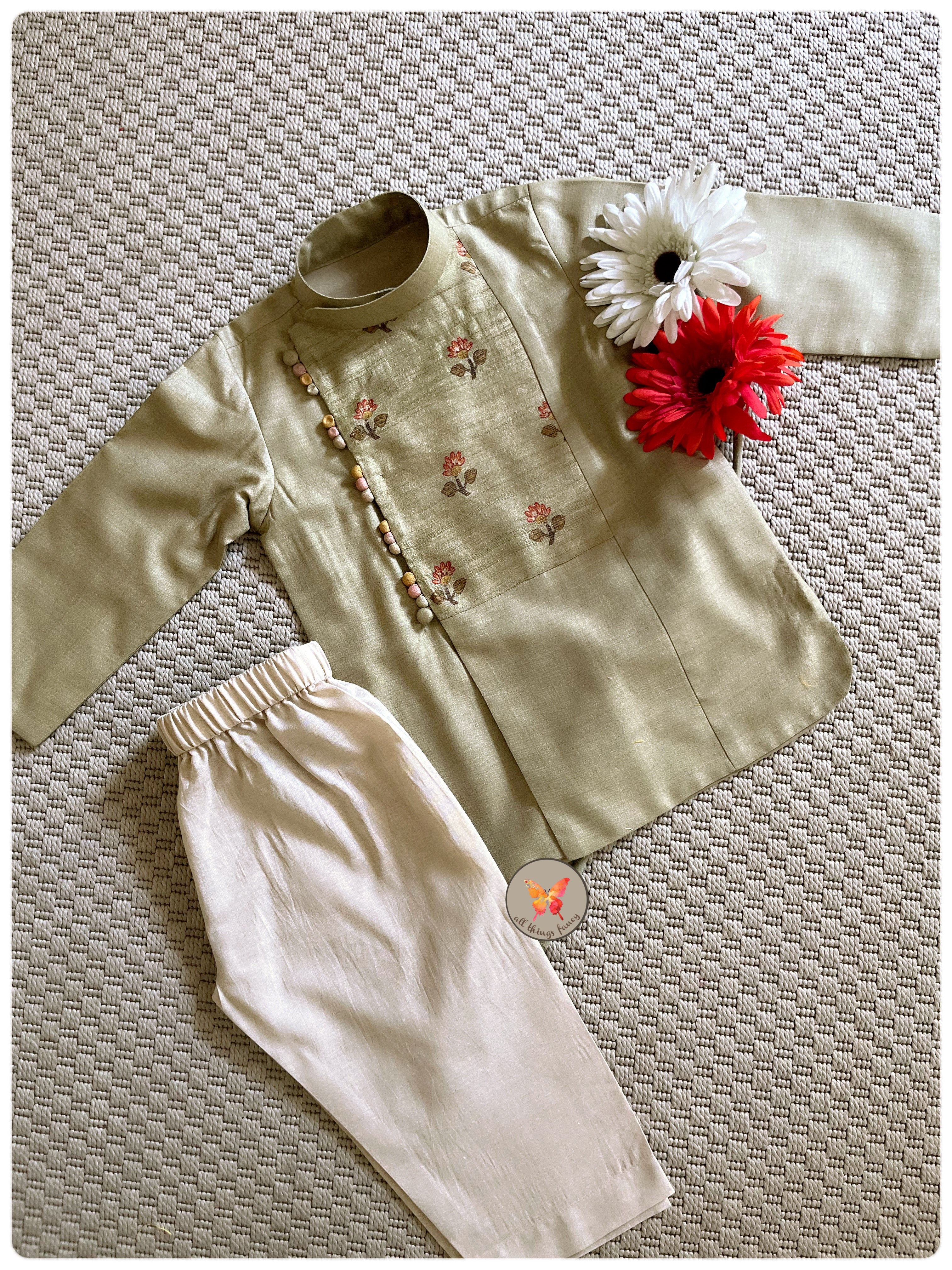 Sage Mughal Boota Kurta Set