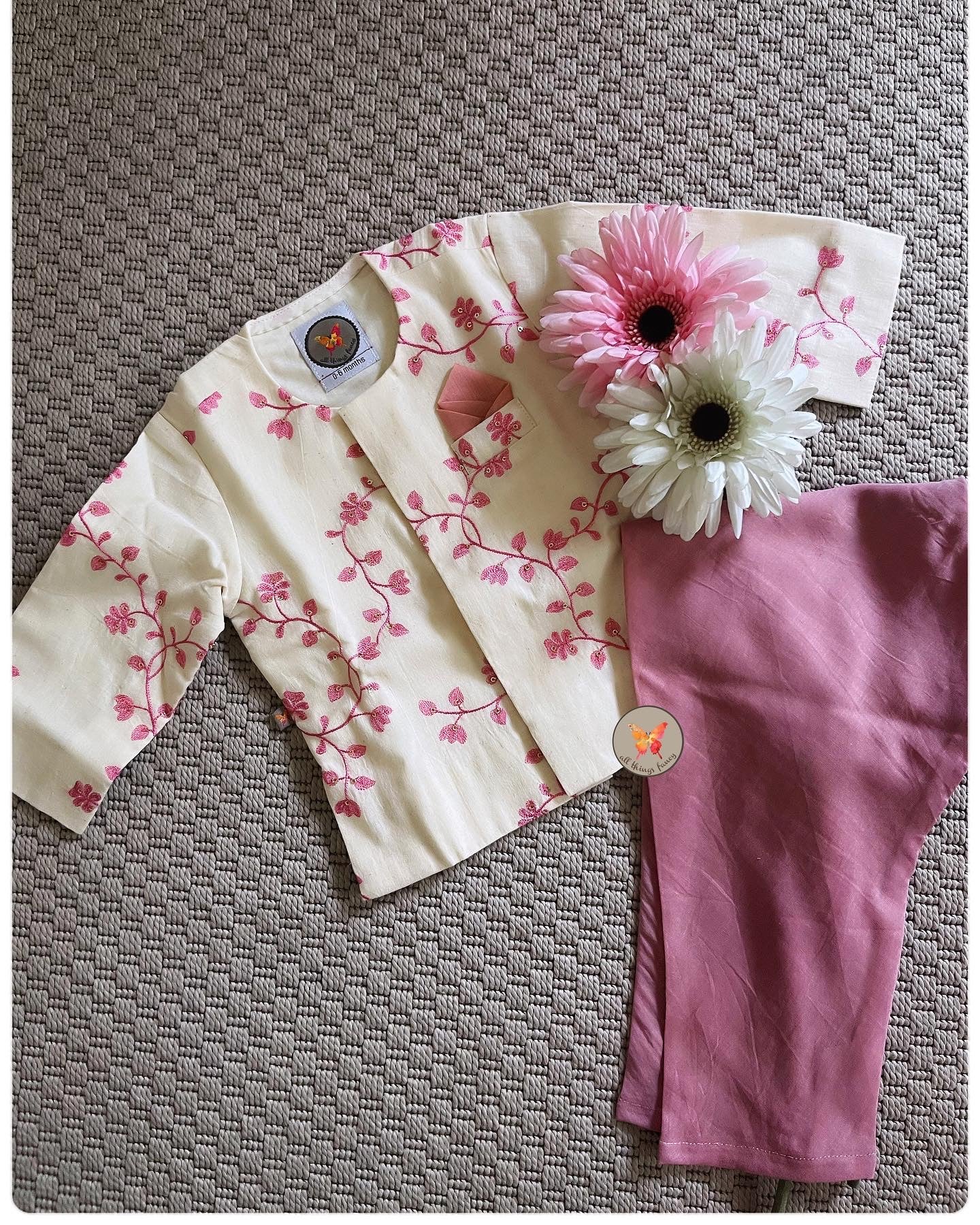 Mul Mul Embroidered Kurta Set - Salmon Pink