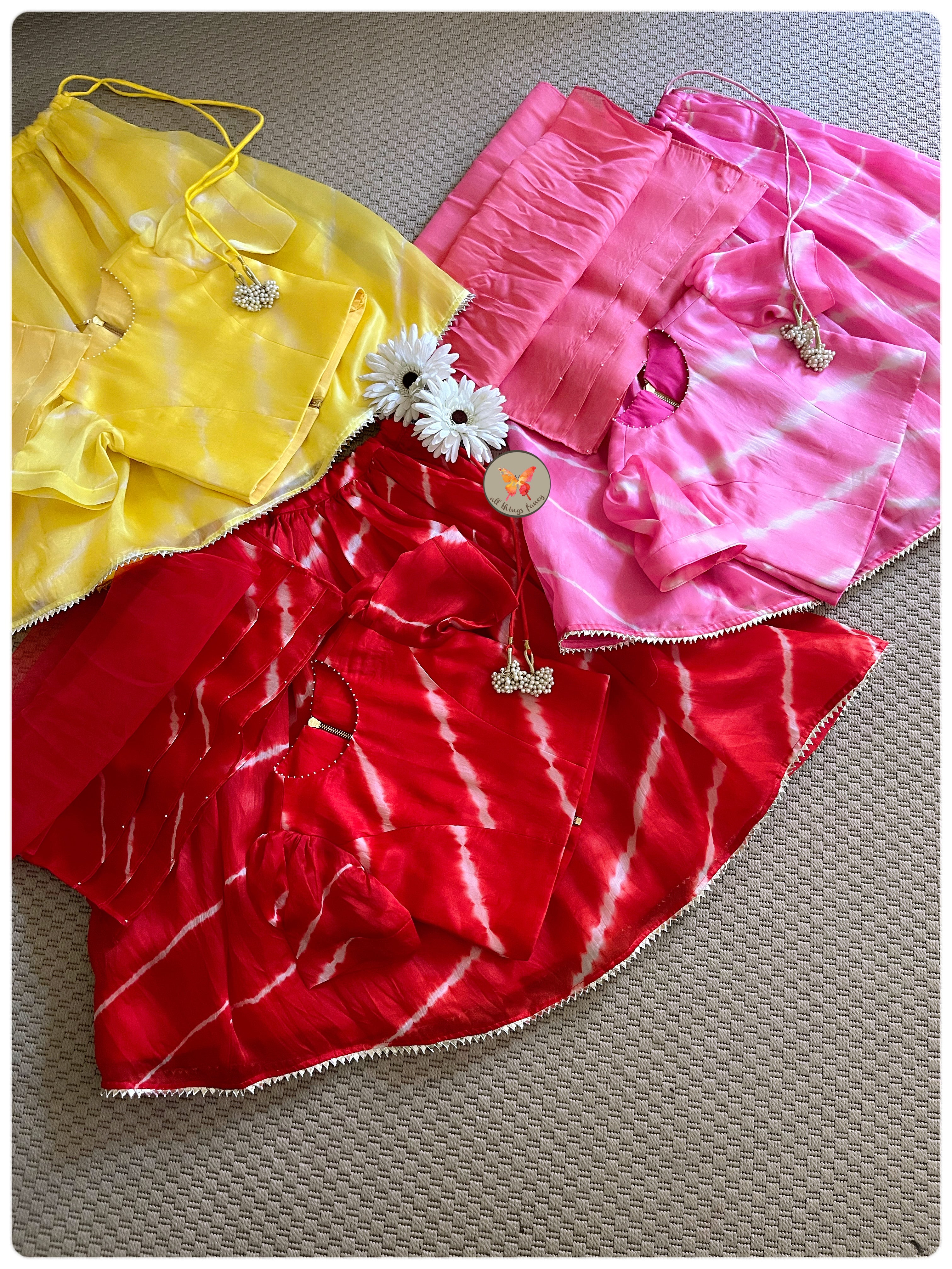 Satiny Lehariya Lehenga Set - Red