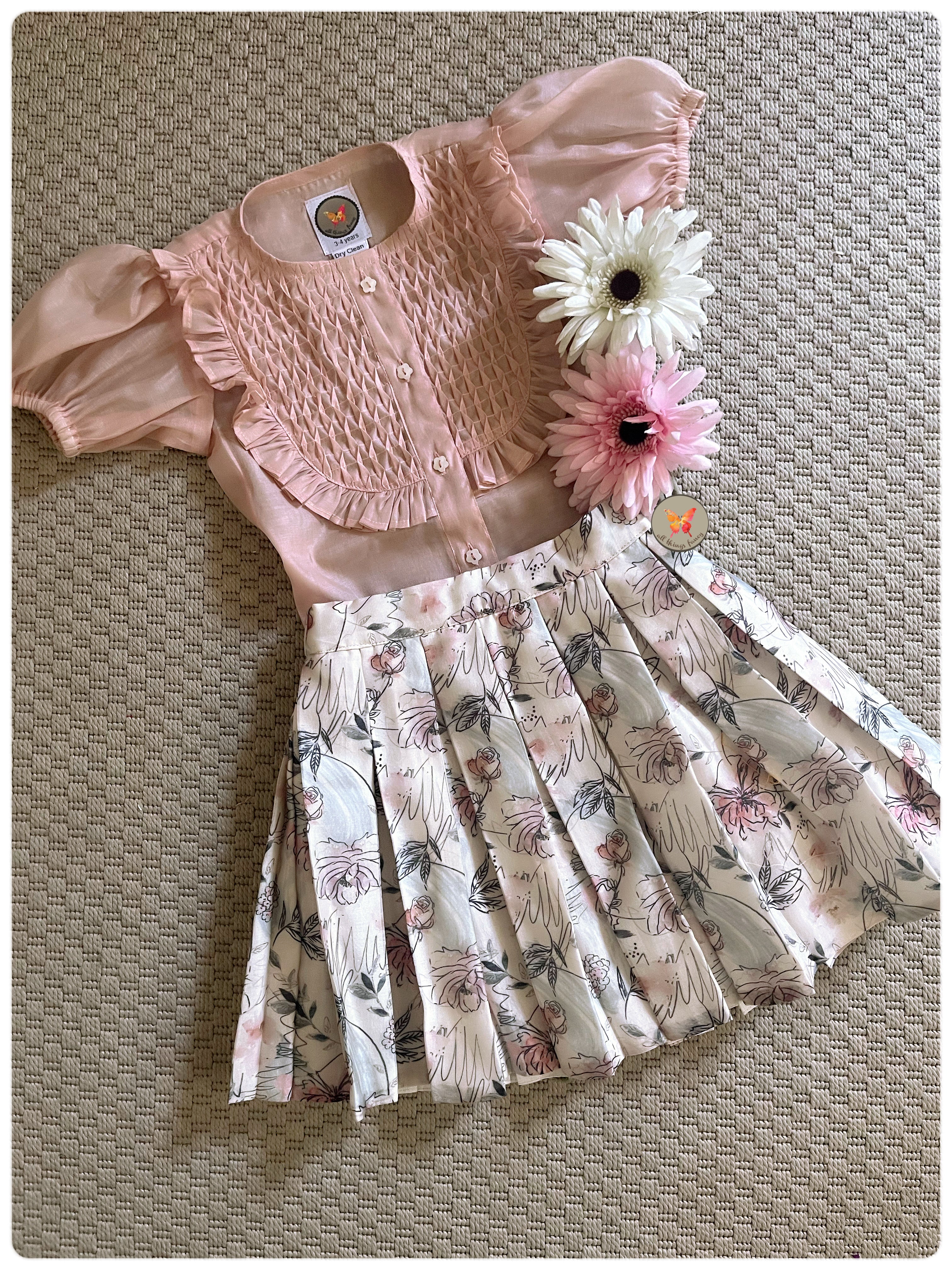 Vintage floral skirt blouse- blush