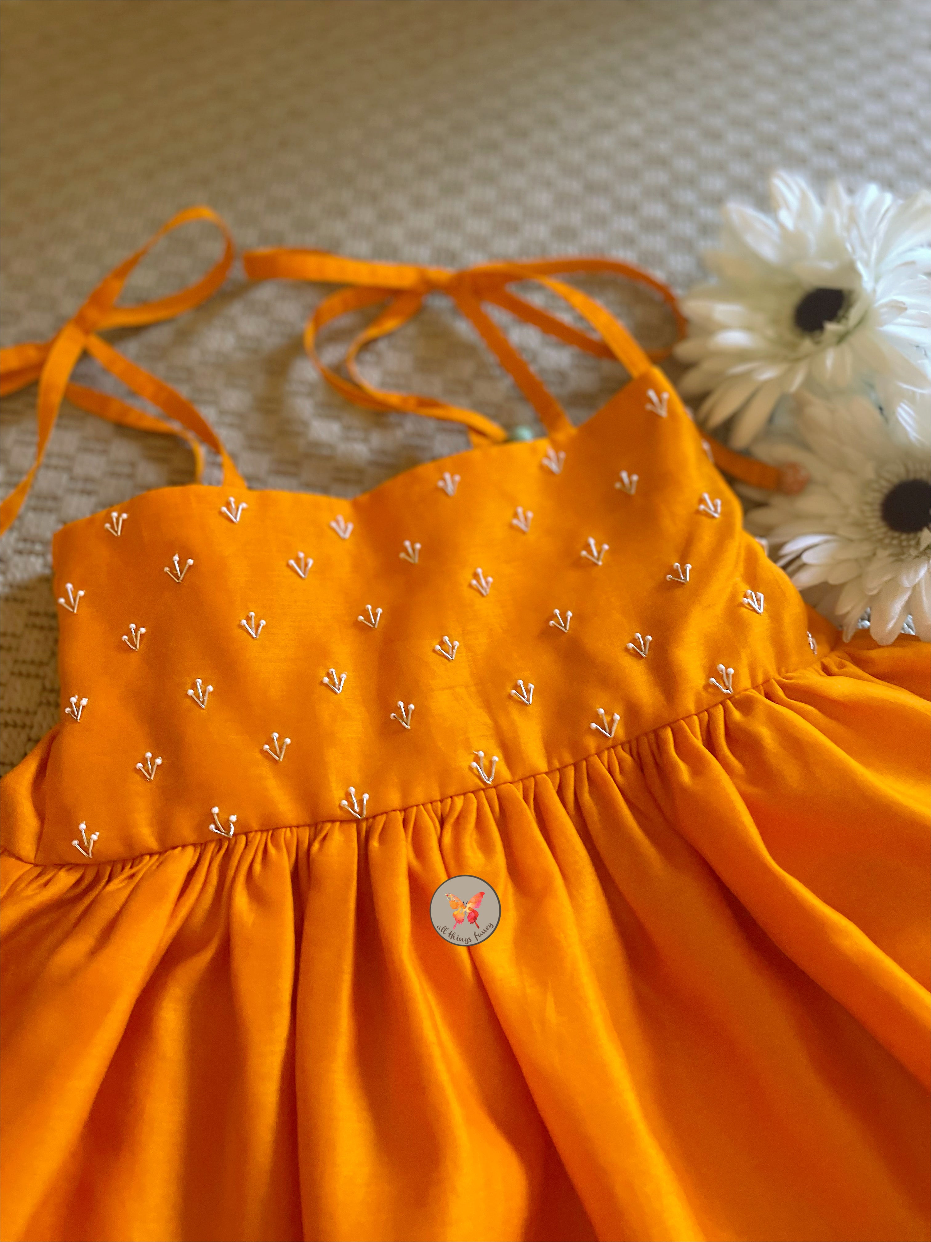 Embroidered Noodle Strap Dress - Saffron