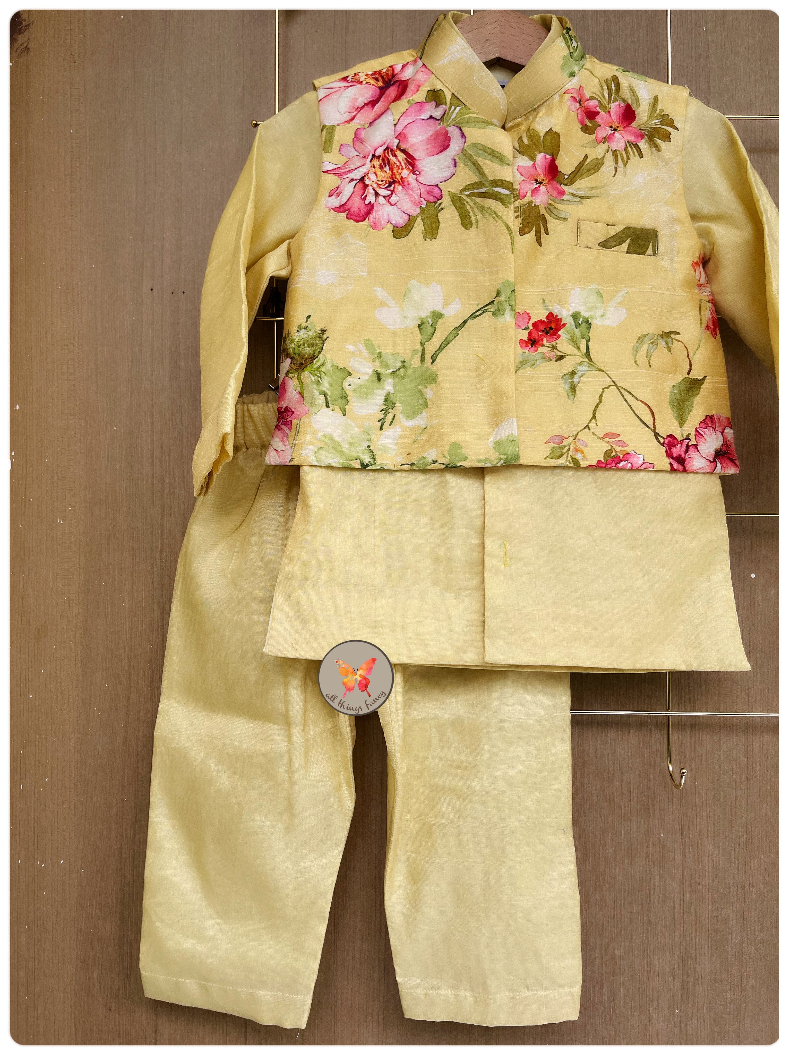 Vintage Floral Kurta Set - Custard Yellow