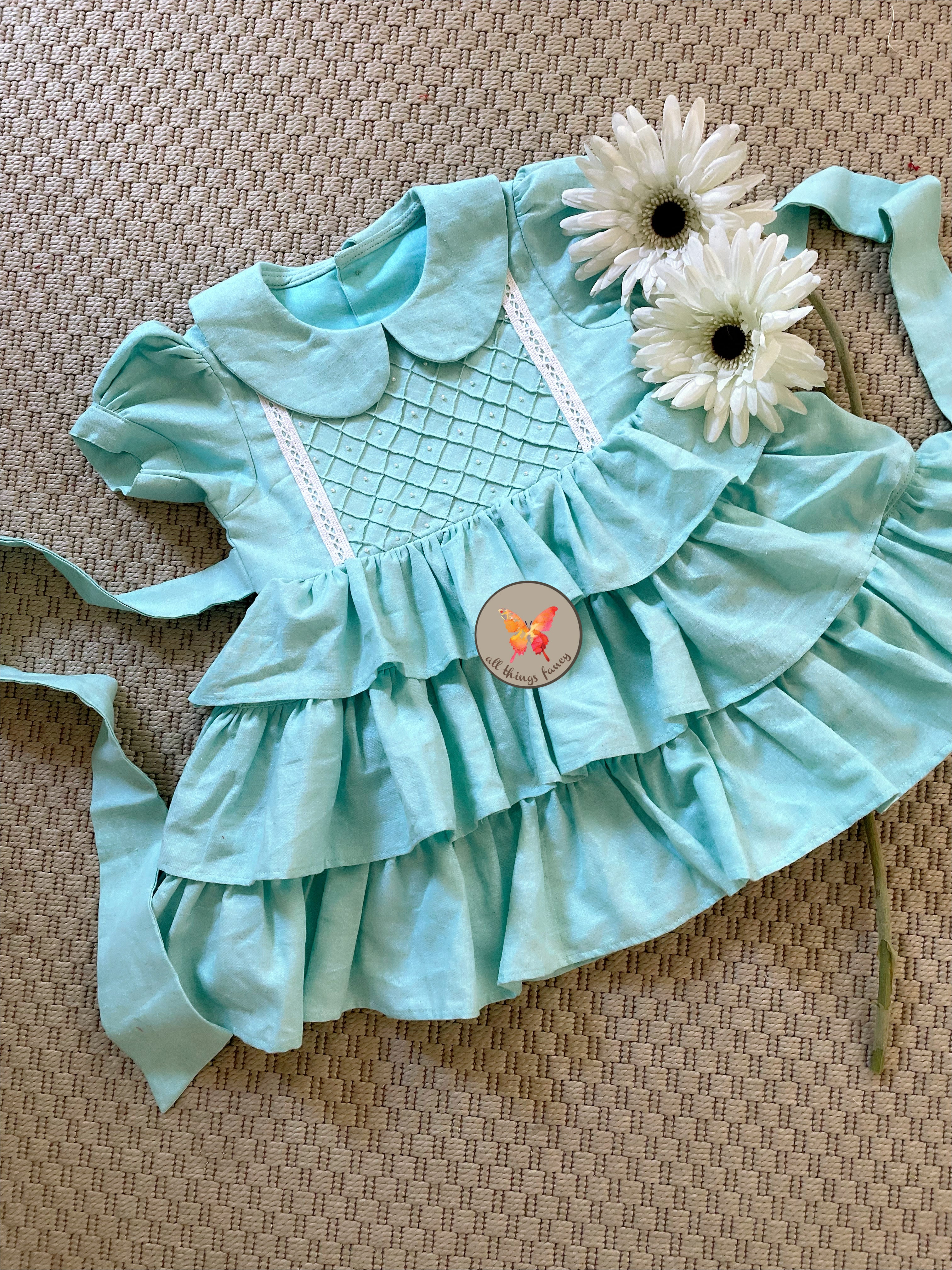 Pearl Yoke Tiered Dress- Lake Blue