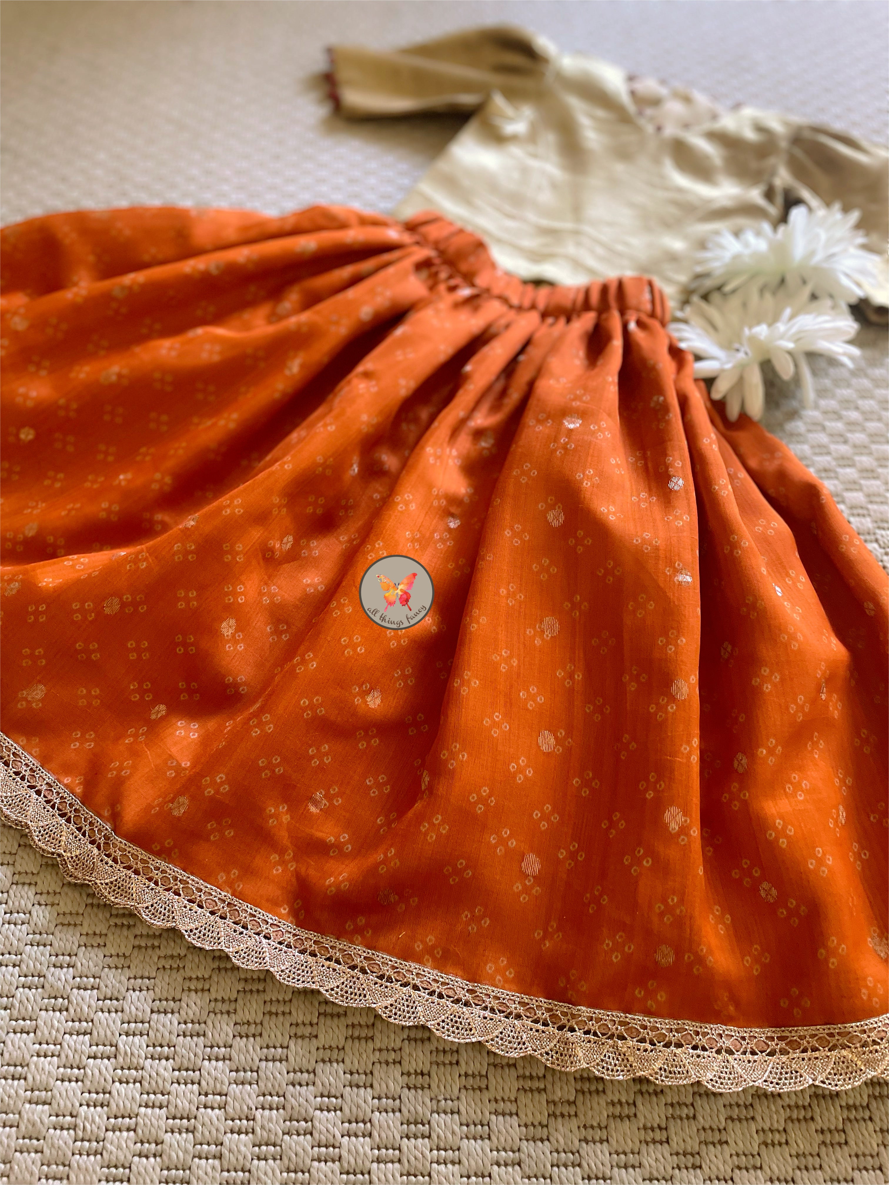 Woven Zari Booti Bandhani Lehenga Set- Saffron Orange
