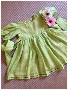 Linen Rosette Dress - Lime Green