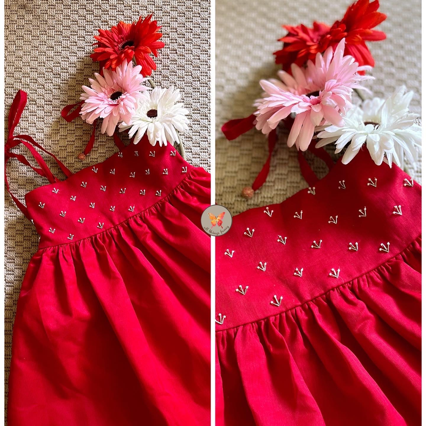 Embroidered Noodle Strap Dress- Red