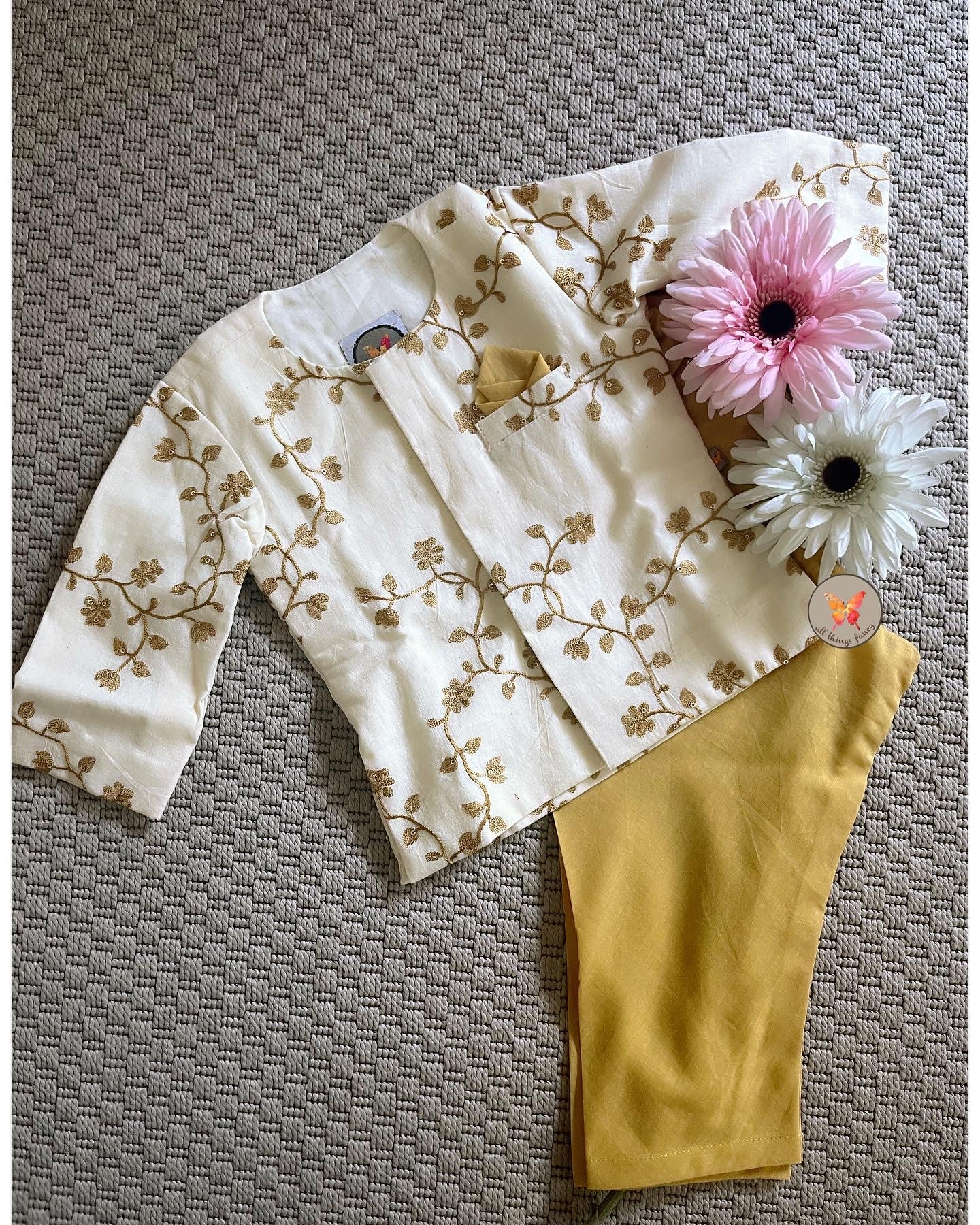 Mul Mul Embroidered Kurta Set - Mustard Yellow